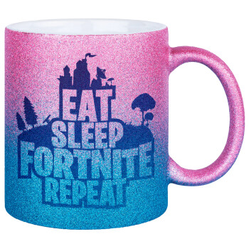 Eat Sleep Fortnite Repeat, Κούπα Χρυσή/Μπλε Glitter, κεραμική, 330ml