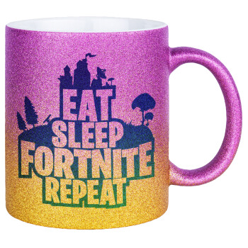 Eat Sleep Fortnite Repeat, Κούπα Χρυσή/Ροζ Glitter, κεραμική, 330ml