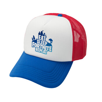 Eat Sleep Fortnite Repeat, Καπέλο Soft Trucker με Δίχτυ Red/Blue/White 