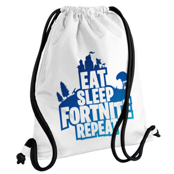 Eat Sleep Fortnite Repeat, Backpack pouch GYMBAG white, with pocket (40x48cm) & thick cords