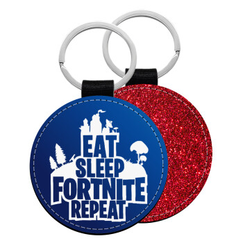 Eat Sleep Fortnite Repeat, Μπρελόκ Δερματίνη, στρογγυλό ΚΟΚΚΙΝΟ (5cm)