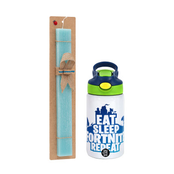 Eat Sleep Fortnite Repeat, Easter Set, Children's thermal stainless steel bottle with safety straw, green/blue (350ml) & aromatic flat Easter candle (30cm) (TURQUOISE)