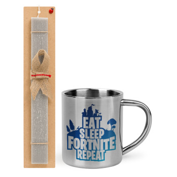 Eat Sleep Fortnite Repeat, Πασχαλινό Σετ, μεταλλική κούπα θερμό (300ml) & πασχαλινή λαμπάδα αρωματική πλακέ (30cm) (ΓΚΡΙ)