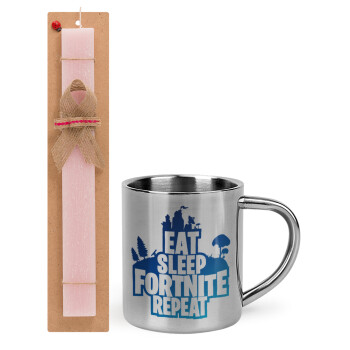Eat Sleep Fortnite Repeat, Πασχαλινό Σετ, μεταλλική κούπα θερμό (300ml) & πασχαλινή λαμπάδα αρωματική πλακέ (30cm) (ΡΟΖ)
