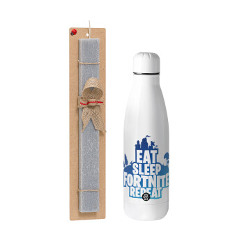 Eat Sleep Fortnite Repeat, Easter Set, metallic stainless thermos bottle (500ml) & scented flat Easter candle (30cm) (GRAY)