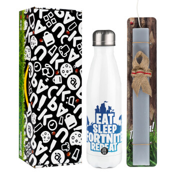 Eat Sleep Fortnite Repeat, Easter candle, metallic white thermos bottle (500ml) & aromatic flat candle (30cm) (GRAY)
