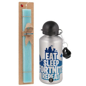 Eat Sleep Fortnite Repeat, Easter Set, metallic silver aluminum water bottle (500ml) & scented flat Easter candle (30cm) (TURQUOISE)