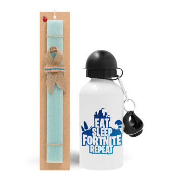 Eat Sleep Fortnite Repeat, Easter Set, metallic aluminum water bottle (500ml) & scented flat candle (30cm) (TURQUOISE)