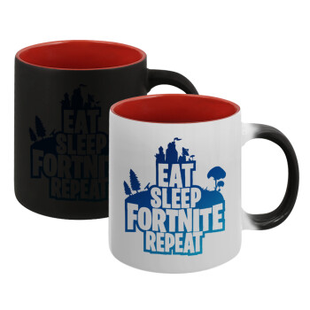 Eat Sleep Fortnite Repeat, Κούπα Μαγική εσωτερικό κόκκινο, κεραμική, 330ml που αλλάζει χρώμα με το ζεστό ρόφημα