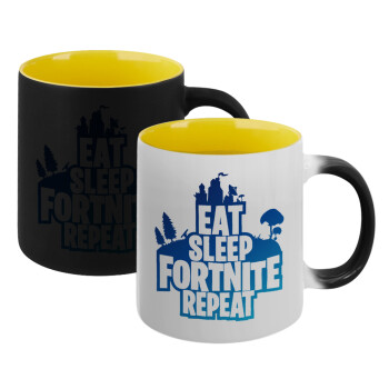 Eat Sleep Fortnite Repeat, Κούπα Μαγική εσωτερικό κίτρινη, κεραμική 330ml που αλλάζει χρώμα με το ζεστό ρόφημα