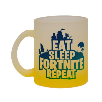 Eat Sleep Fortnite Repeat, Κούπα γυάλινη δίχρωμη με βάση το κίτρινο ματ, 330ml