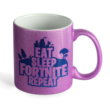 Eat Sleep Fortnite Repeat, Κούπα Μωβ Glitter που γυαλίζει, κεραμική, 330ml