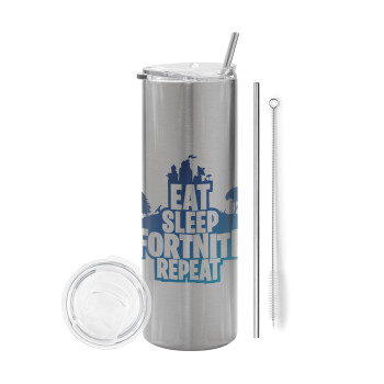 Eat Sleep Fortnite Repeat, Eco friendly ποτήρι θερμό Ασημένιο (tumbler) από ανοξείδωτο ατσάλι 600ml, με μεταλλικό καλαμάκι & βούρτσα καθαρισμού