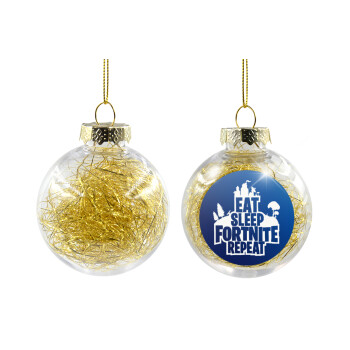 Eat Sleep Fortnite Repeat, Χριστουγεννιάτικη μπάλα δένδρου διάφανη με χρυσό γέμισμα 8cm