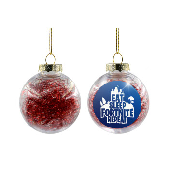 Eat Sleep Fortnite Repeat, Χριστουγεννιάτικη μπάλα δένδρου διάφανη με κόκκινο γέμισμα 8cm
