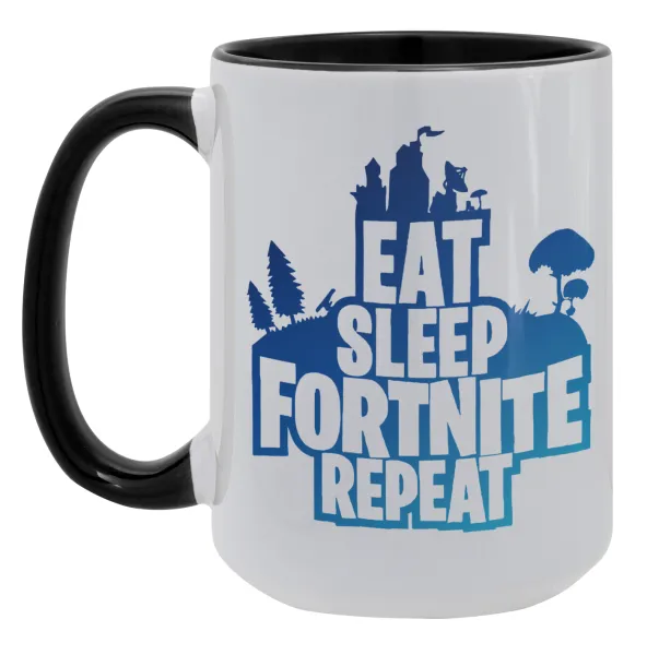 Eat Sleep Fortnite Repeat — Mega mug 15oz, black ceramic, 450ml