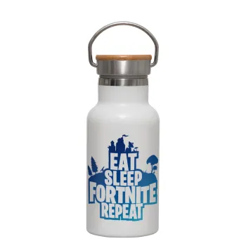 Eat Sleep Fortnite Repeat, Μεταλλικό παγούρι θερμός (Stainless steel) Λευκό με ξύλινο καπακι (bamboo), διπλού τοιχώματος, 350ml
