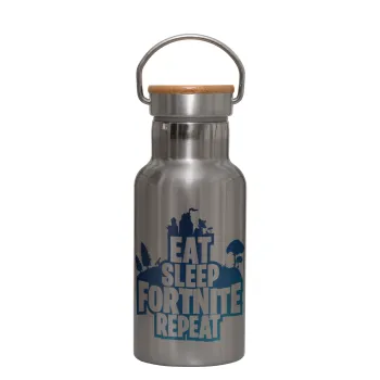 Eat Sleep Fortnite Repeat, Μεταλλικό παγούρι θερμός (Stainless steel) Ασημένιο με ξύλινο καπακι (bamboo), διπλού τοιχώματος, 350ml
