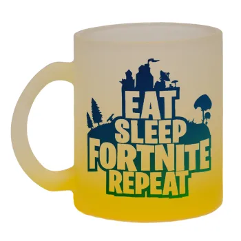 Eat Sleep Fortnite Repeat, Κούπα γυάλινη δίχρωμη με βάση το κίτρινο ματ, 330ml