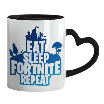 Eat Sleep Fortnite Repeat, Κούπα καρδιά χερούλι μαύρη, κεραμική, 330ml