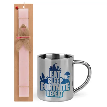 Eat Sleep Fortnite Repeat, Easter Set, metallic thermal cup (300ml) & aromatic flat Easter candle (30cm) (PINK)