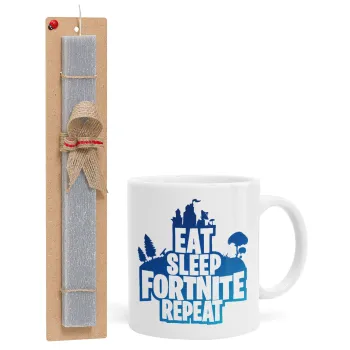 Eat Sleep Fortnite Repeat, Easter Set, Ceramic Cup (330ml) & Easter aromatic flat candle (30cm) (GRAY)