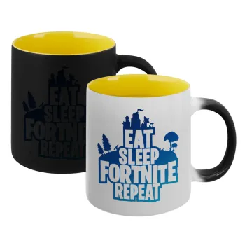 Eat Sleep Fortnite Repeat, Κούπα Μαγική εσωτερικό κίτρινη, κεραμική 330ml που αλλάζει χρώμα με το ζεστό ρόφημα