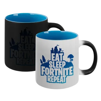 Eat Sleep Fortnite Repeat, Κούπα Μαγική εσωτερικό μπλε, κεραμική 330ml που αλλάζει χρώμα με το ζεστό ρόφημα