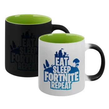 Eat Sleep Fortnite Repeat, Κούπα Μαγική εσωτερικό πράσινο, κεραμική 330ml που αλλάζει χρώμα με το ζεστό ρόφημα
