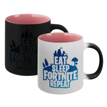 Eat Sleep Fortnite Repeat, Κούπα Μαγική εσωτερικό ΡΟΖ, κεραμική 330ml που αλλάζει χρώμα με το ζεστό ρόφημα