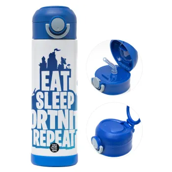 Eat Sleep Fortnite Repeat, Παιδικό παγούρι θερμό, ανοξείδωτο, με καλαμάκι ασφαλείας, ΜΠΛΕ (500ml)