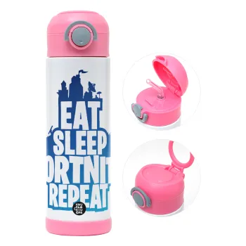 Eat Sleep Fortnite Repeat, Παιδικό παγούρι θερμό, ανοξείδωτο, με καλαμάκι ασφαλείας, ΡΟΖ (500ml)