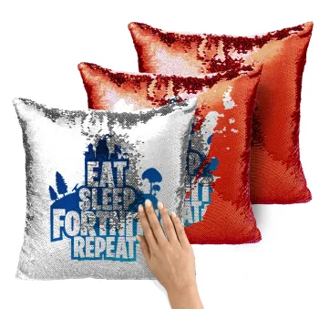 Eat Sleep Fortnite Repeat, Μαξιλάρι καναπέ Μαγικό Κόκκινο με πούλιες 40x40cm περιέχεται το γέμισμα