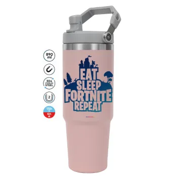 Eat Sleep Fortnite Repeat, ΡΟΖ χρώματος Θερμός Ανοξείδωτο 890ml (30oz) με χερούλι