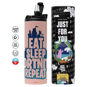 Eat Sleep Fortnite Repeat, Tumbler stainless steel PINK 600ml