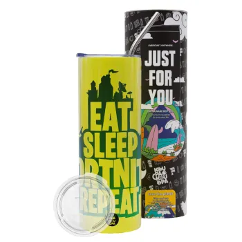 Eat Sleep Fortnite Repeat, Neon Yellow Travel Tumbler θερμό, μεταλλικό καλαμάκι(Ανωξείδωτο 304 Food grade, BPA free, 600ml)