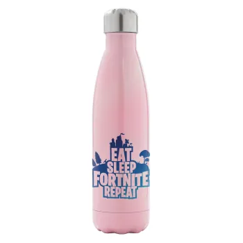 Eat Sleep Fortnite Repeat, Μεταλλικό παγούρι θερμός Ροζ Ιριδίζον (Stainless steel), διπλού τοιχώματος, 500ml