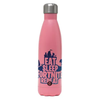 Eat Sleep Fortnite Repeat, Μεταλλικό παγούρι θερμός Ροζ Ματ (Stainless steel), διπλού τοιχώματος, 500ml