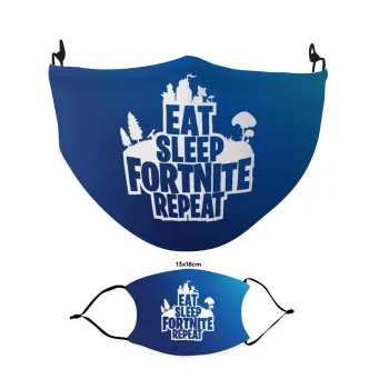 Eat Sleep Fortnite Repeat, Μάσκα υφασμάτινη Ενηλίκων πολλαπλών στρώσεων με υποδοχή φίλτρου