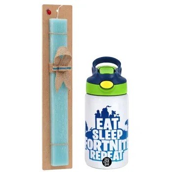 Eat Sleep Fortnite Repeat, Easter Set, Children's thermal stainless steel bottle with safety straw, green/blue (350ml) & aromatic flat Easter candle (30cm) (TURQUOISE)