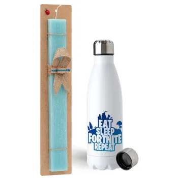 Eat Sleep Fortnite Repeat, Easter Set, metallic stainless steel water bottle (750ml) & aromatic flat Easter candle (30cm) (TURQUOISE)