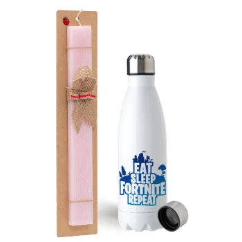Eat Sleep Fortnite Repeat, Easter Set, metallic stainless steel water bottle (750ml) & scented flat Easter candle (30cm) (PINK)