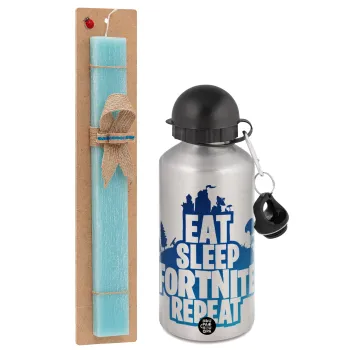 Eat Sleep Fortnite Repeat, Easter Set, metallic silver aluminum water bottle (500ml) & scented flat Easter candle (30cm) (TURQUOISE)