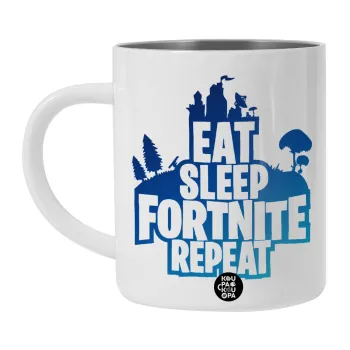 Eat Sleep Fortnite Repeat, Λευκή Ανοξείδωτη Μεταλλική Κούπα 450ml - Διπλού Τοιχώματος 