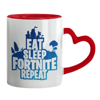 Eat Sleep Fortnite Repeat, Κούπα καρδιά χερούλι κόκκινη, κεραμική, 330ml