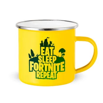 Eat Sleep Fortnite Repeat, Κούπα Μεταλλική εμαγιέ Κίτρινη 360ml
