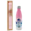 Easter Set, Metallic pink/white (Stainless steel) thermos, double-walled, 500ml & aromatic flat Easter candle (30cm) (PINK)