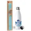 Easter Set, metallic stainless steel water bottle (750ml) & aromatic flat Easter candle (30cm) (TURQUOISE)