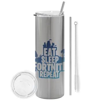 Eat Sleep Fortnite Repeat, Tumbler ποτήρι θερμό Ασημένιο από ανοξείδωτο ατσάλι 600ml, με μεταλλικό καλαμάκι & βούρτσα καθαρισμού