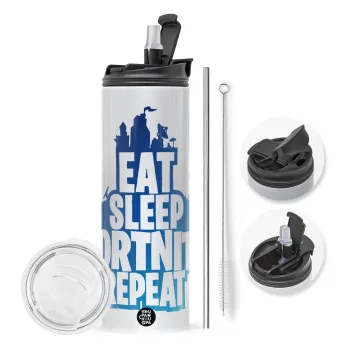 Eat Sleep Fortnite Repeat, Travel Tumbler θερμό με διπλό καπάκι, μεταλλικό καλαμάκι και βούρτσα καθαρισμού (Ανωξείδωτο 304 Food grade, BPA free, 600ml)